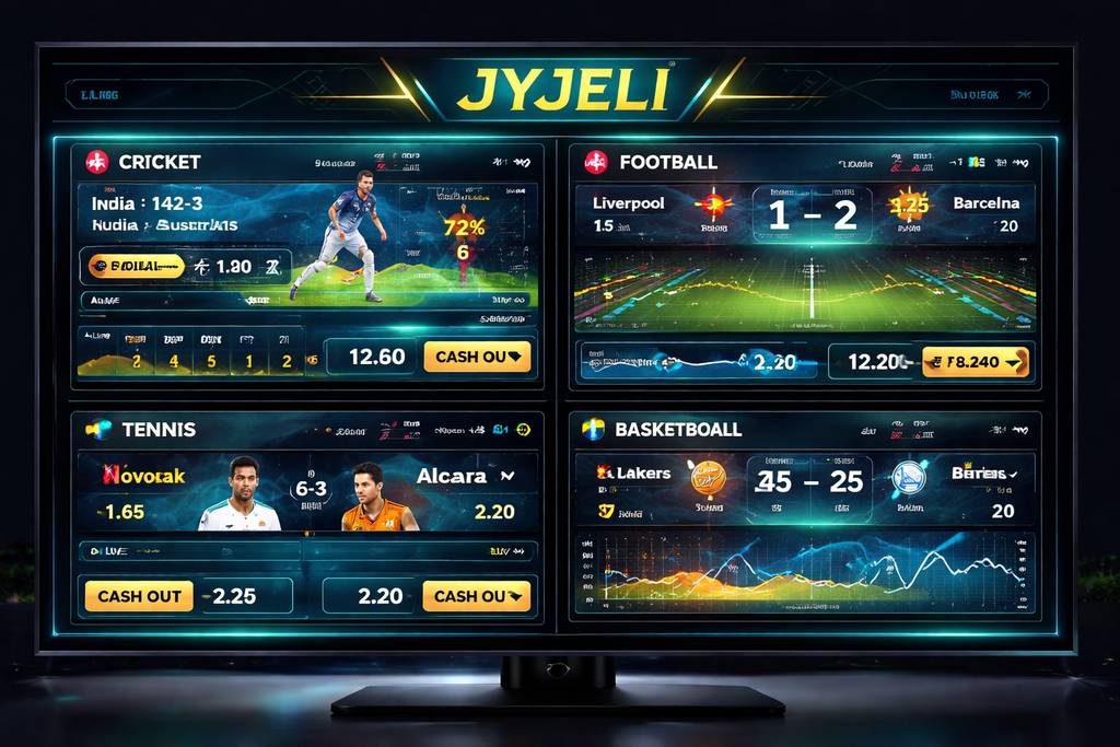 JYJELI live in-play betting dashboard with cricket and football coverage