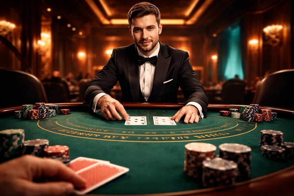 Professional croupier dealing cards at a JYJELI live blackjack table